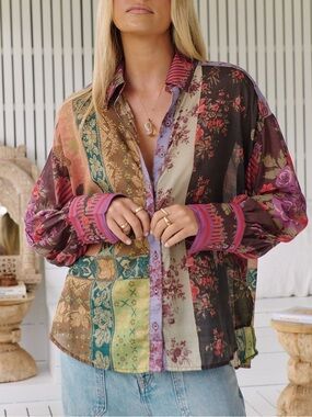 Free People We The Free Flower Patch Patchwork Button Front Cotton Shirt Size XS